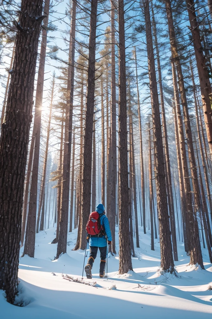 Mountaineer walking among the trees on a frosty day