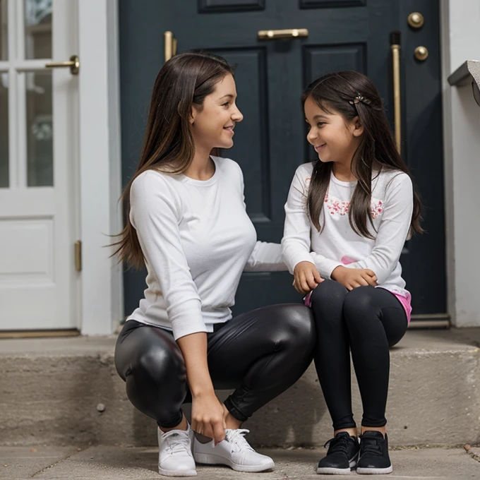 A mother with her  daughter, wearing leggins. 