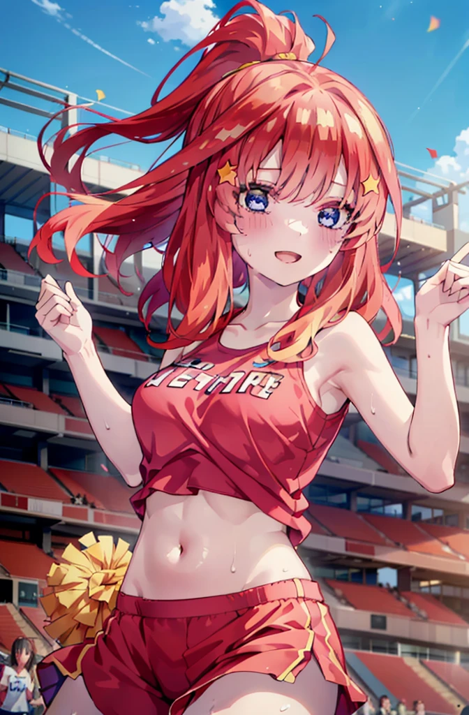 itsukinakano, Itsuki Nakano, bangs, blue eyes, hair between eyes, Ahoge, Redhead, star \(symbol\), happy smile, smile, Open your mouth,hair ornaments, star hair ornaments,(cheer leading), (whole body), Big Breasts, Lower, (Sweaty), Sweaty Wet Clothes (Red clothes), No sleeve,Belly button support, playground, (Jump), (Jump), 足を曲げてJumpする, air, blue sky, Grass原, smileのチアリーダー, Pom-pom \(cheer leading\), Grass, whole bodyがイラストに入るように,crowd, people々々,
break outdoors, Stadium,
break looking at viewer, whole body,
break (masterpiece:1.2), Highest quality, High resolution, unity 8k wallpaper, (shape:0.8), (Fine and beautiful eyes:1.6), Highly detailed face, Perfect lighting, Highly detailed CG, (Perfect hands, Perfect Anatomy),