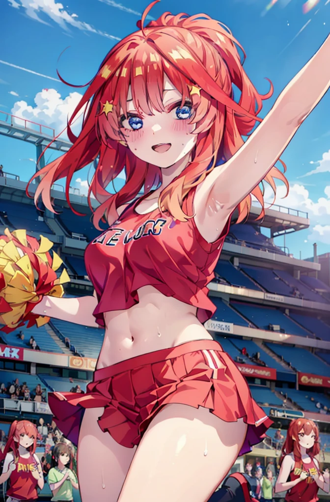 itsukinakano, Itsuki Nakano, bangs, blue eyes, hair between eyes, Ahoge, Redhead, star \(symbol\), happy smile, smile, Open your mouth,hair ornaments, star hair ornaments,(cheer leading), (whole body), Big Breasts, Lower, (Sweaty), Sweaty Wet Clothes (Red clothes),  No sleeve,Belly button support, playground, (Jump), (Jump), 足を曲げてJumpする, air, blue sky, Grass原, smileのチアリーダー, Pom-pom \(cheer leading\), Grass, whole bodyがイラストに入るように,crowd, people々々,
break outdoors, Stadium,
break looking at viewer, whole body,
break (masterpiece:1.2), Highest quality, High resolution, unity 8k wallpaper, (shape:0.8), (Fine and beautiful eyes:1.6), Highly detailed face, Perfect lighting, Highly detailed CG, (Perfect hands, Perfect Anatomy),