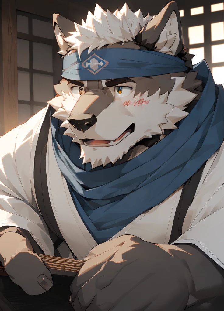 (masterpiece),(Very detailed),(best quality),hairy,Wolf,Dark black fur,white hair,Gray pupil,Muscular,(Japan samurai attire),((blue scarf)),((Brown headband)),(blush:1.1),((A daze expression:1.2)),((Loading:1.3)),((Ultra HD close-up:1.4)),8K,(high quality),(Ultra high quality),(Super detailed),(Best Works)