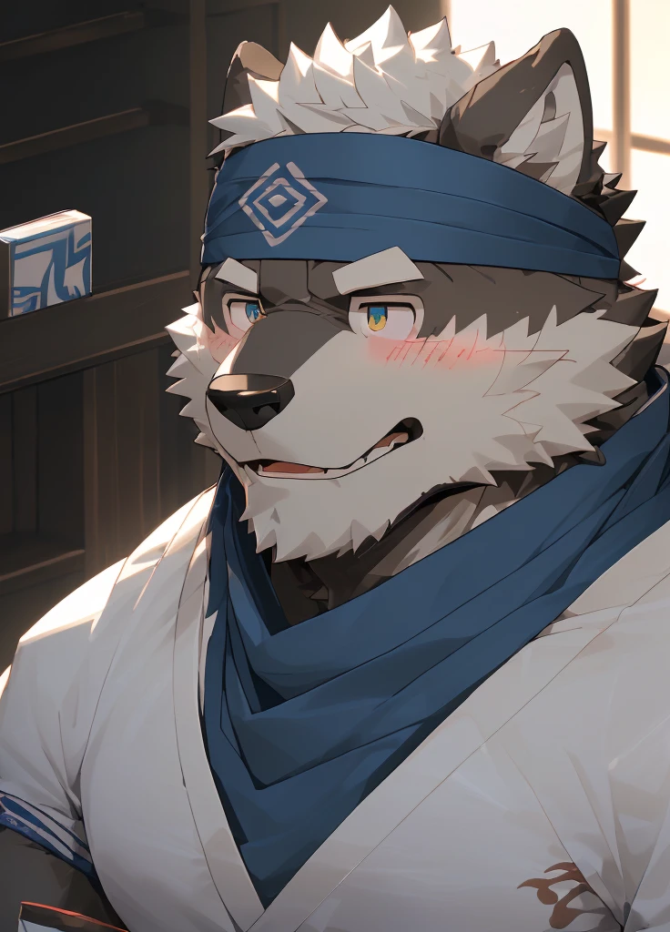 (masterpiece)，(Very detailed)，(best quality)，hairy，Wolf，Dark black fur，white hair，Gray pupil，Muscular，(Japan samurai attire)，((blue scarf))，((Brown headband))，(blush:1.1)，((A daze expression:1.2))，((Loading:1.3))，((Ultra HD close-up:1.4))，8K，(high quality)，(Ultra high quality)，(Super detailed)，(Best Works)