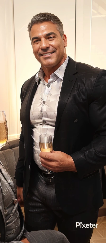 smiling handsome middle aged man in a suit, he is 50 years old, holding glass of champagne. Big muscles, bodybuilder, tight clothing, tight shirt (wearing a black suit jacket, white checkered pattern shirt, big muscles, big pectorals, visable cleavage, covered nipples, tight tan chinos, big bulge, grey hair)