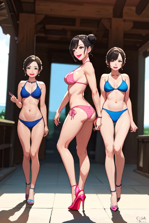 (full body:1.5), (multiple views, split view:1.2),, (Full body from the front: 1.5), (Full body from the back: 1.1), One girl, One Queen, black eye, Hair Bun, Pink lipstick, Beautiful girlish body、Blue Bikini、Pink lipstick, Highly detailed soft indirect lighting, 4K, Perfect Eyes, Perfect Face, Perfect lighting, High heels, Summer Sea、,View your viewers,smile