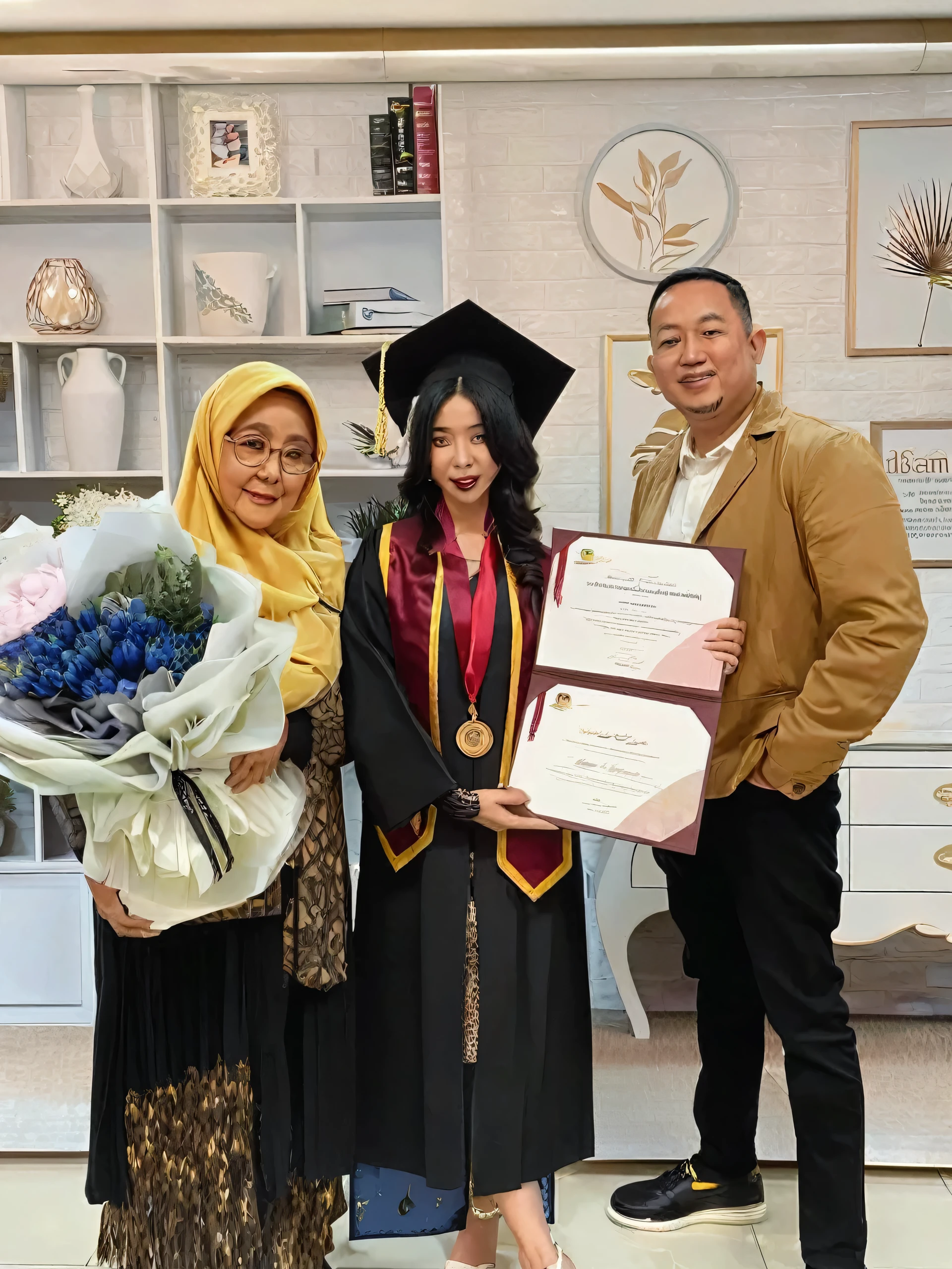 A detailed image of a graduation scene featuring three individuals. The person on the left is an older woman wearing a black dress with golden brown patterns and a yellow hijab. She has an oval face with slightly full cheeks and wears glasses. She is holding a large bouquet of flowers tied with a ribbon. The person in the middle is a young woman in a black graduation gown with maroon and yellow trim, and a blue dress underneath. She wears a black graduation cap with a yellow tassel. She has long black hair, thick eyebrows, large eyes, and thin lips. A gold medal hangs around her neck, and she holds two diplomas. The person on the right is a man wearing a light brown jacket, a white shirt, and black pants. He has a round face, short black hair, and a broad smile. He stands holding the diploma with the middle person. The background features a modern interior with shelves and decor items.