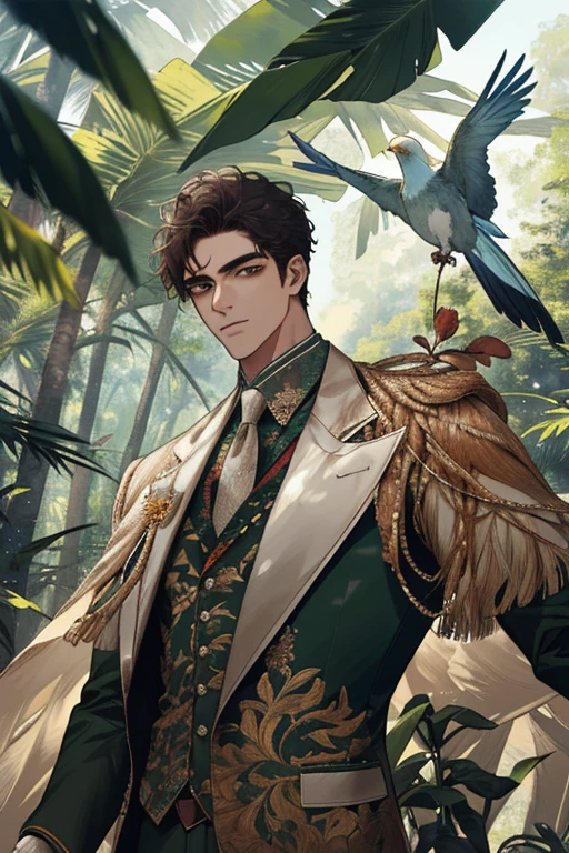 Um jovem macho musculoso sozinho na floresta, six heads tall. The detailed background depicts a bird, flowers and trees. The man is captured in a depth of field photo, making this masterpiece a creation of the finest quality.