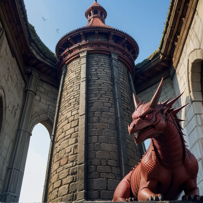 Red dragon in a tower
