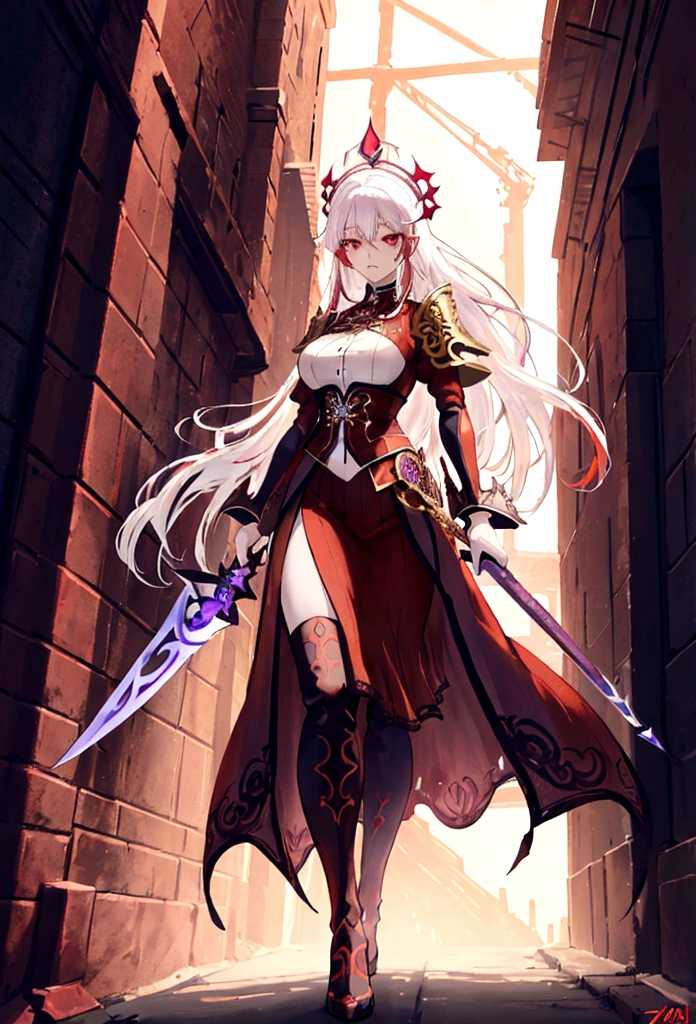 a woman with white hair and red streaks, neutral facial expression, detailed red eyes, holding a large ornate purple sword, detailed eyes, extremely detailed sword, cinematic dramatic lighting, fantasy, concept art
