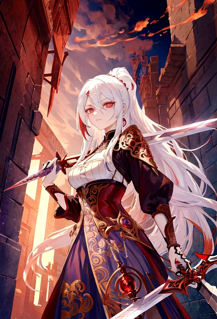 a woman with white hair and red streaks, neutral facial expression, detailed red eyes, holding a large ornate purple sword, detailed eyes, extremely detailed sword, cinematic dramatic lighting, fantasy, concept art
