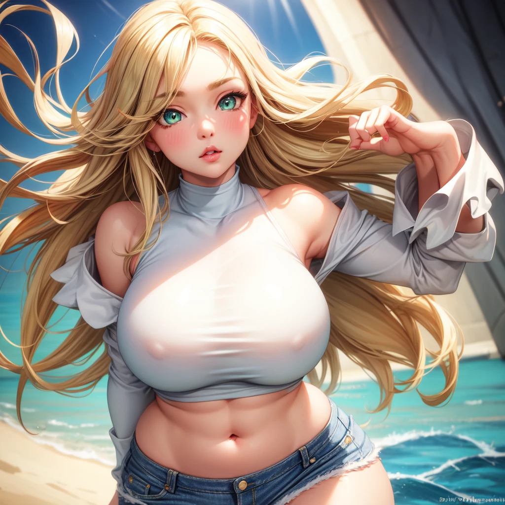 One girl, solo, Big round breasts, curvy, realistic, straigh hair, light blonde hair, light green eyes, amazing big eyes, eye details, eyebrow details, white crop top, denim skirt, cute face, big lips, blush, HD, good quality, crop top, curvy, standing up, lounge area