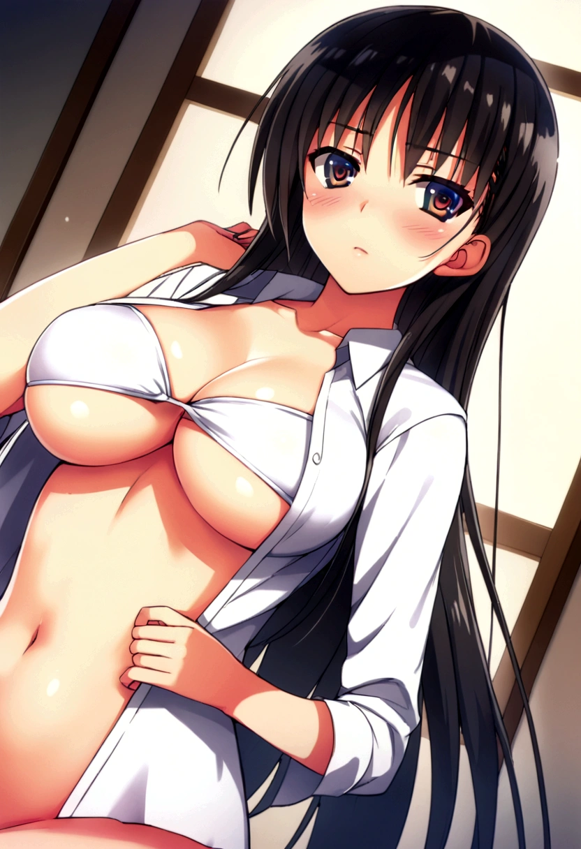 One Woman, Highest quality, masterpiece, Ultra HD, Highly detailed contours, Highly detailed face, Large Breasts, Beautiful breasts, young woman, cool, Cleavage, Highly detailed eyes, anime, blush, Open shirt, 前がFully Openのシャツ, Tough character, Underboob, Open front shirt, Fully Open, Completely naked, Black Hair, Long Hair, Suzune Horikita, 