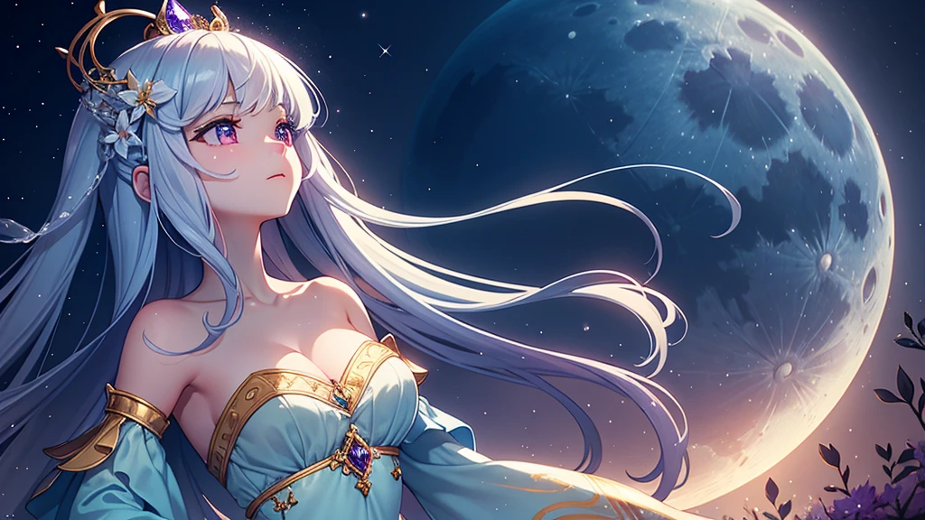 A princess with a delicate and beautiful face, large eyes, and translucent skin is looking up at the moon from a castle, enchantingly dressed in a traditional and glamorous medieval European dress and wearing a large hair ornament. A gentle, warm light surrounds the princess. The background is filled with soft out-of-focus light, and the pale blue and purple tones create a dreamy, serene, and enchanting atmosphere. Fireflies glowing in the moonlit night surround the princess, adding to the magical and ethereal atmosphere. Emphasis on the armpit and clavicle