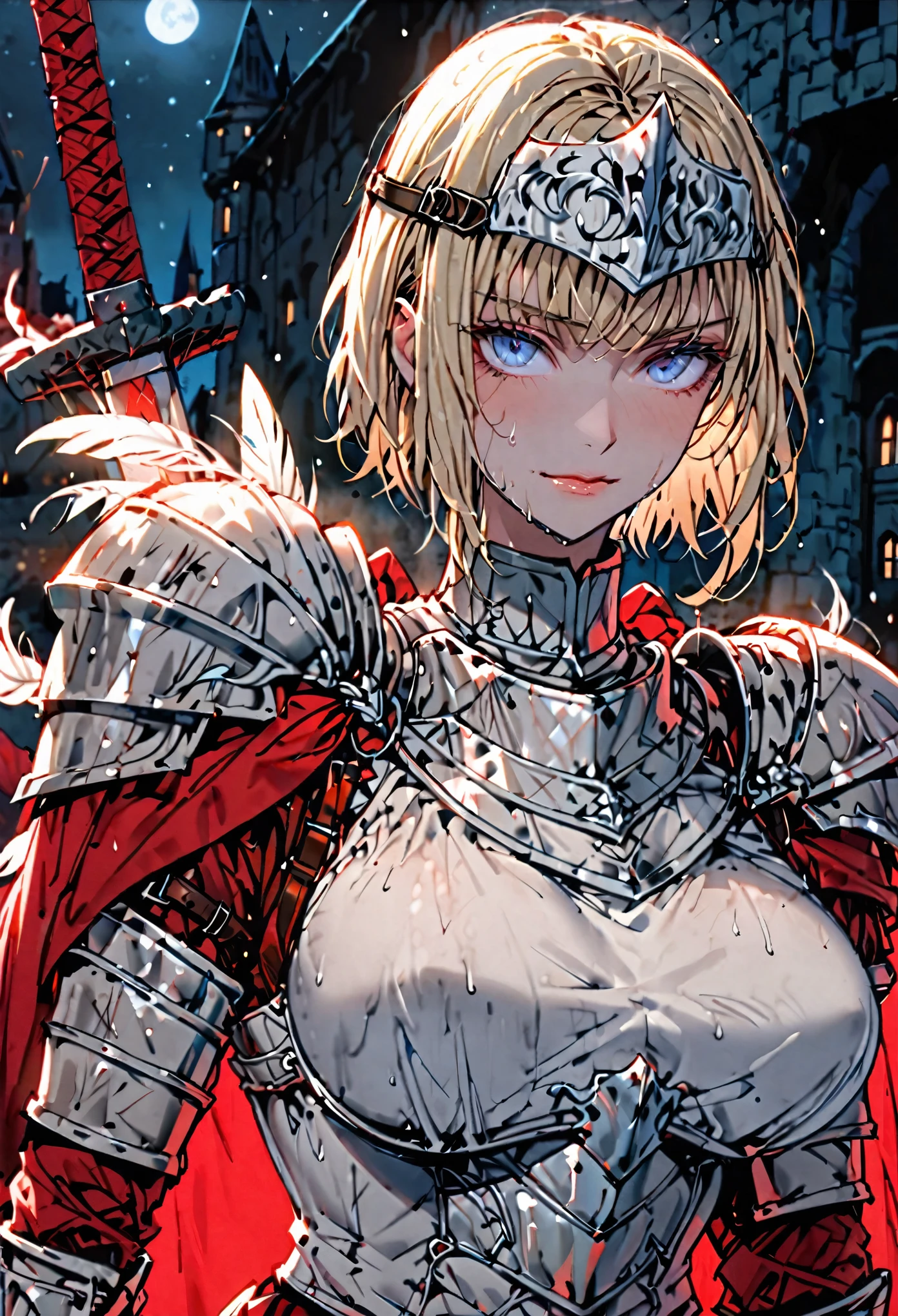 female, extremely tall, medieval, knight's armor, red roman gladiator skirt, huge sword, sallet helmet, chest plate, short hair, messy blonde hair, blue eyes, wiping sweat, large breasts, muscular:0.7, armor boots, night, after combat, gentle smile, huge woman, close up, feather on helmet
