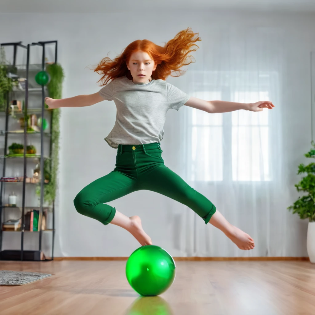 a beautiful girl of 12 years old redhead used telekinesis levitates a green ball in the air on the table at home realistic