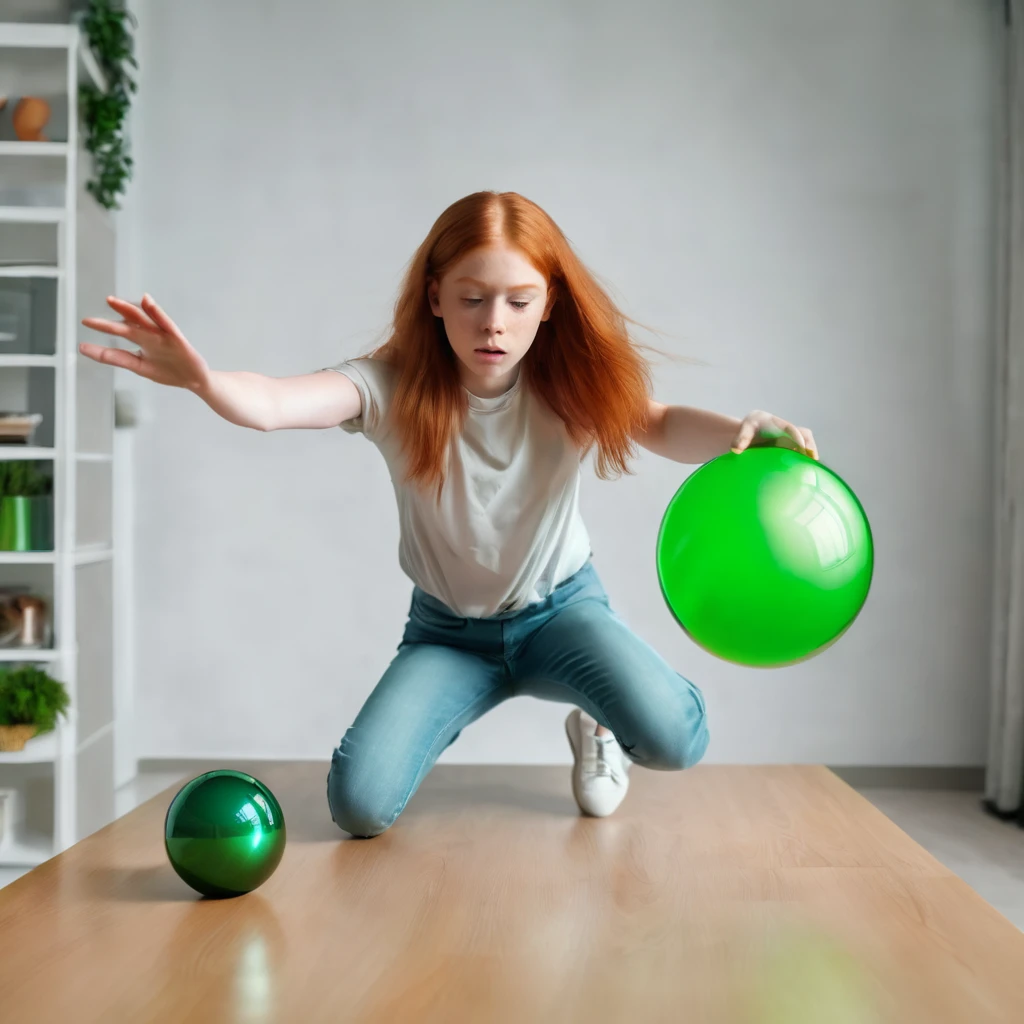 a beautiful girl of 12 years old redhead used telekinesis levitates a green ball in the air on the table at home realistic