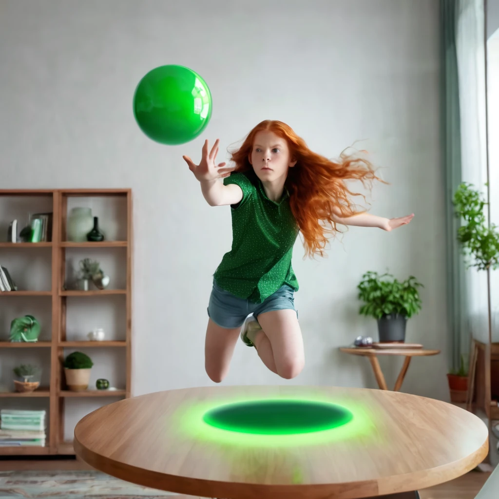 a beautiful girl of 12 years old redhead used telekinesis levitates a green ball in the air on the table at home realistic