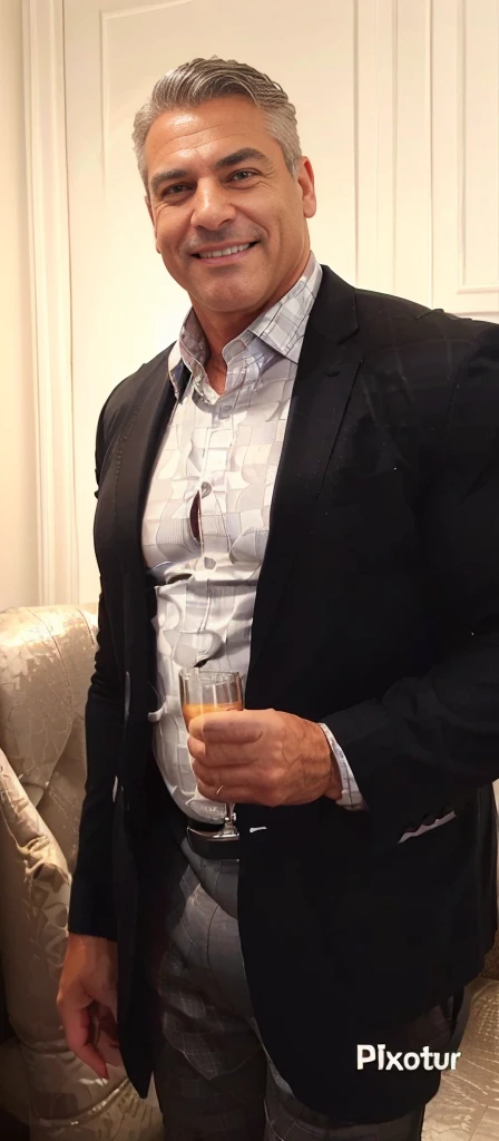 smiling handsome middle aged man in a suit, he is 50 years old, holding glass of champagne. Big muscles, bodybuilder, tight clothing, tight shirt (wearing a black suit jacket, white checkered pattern shirt, big muscles, big pectorals, visable cleavage, covered nipples, tight tan chinos, big bulge, grey hair)