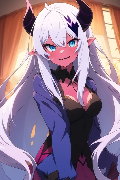 Sexy Swim suit outfit, with black demon horns, seductive pose, seductive smile , red eyes, in classroom, mind control by succubus
