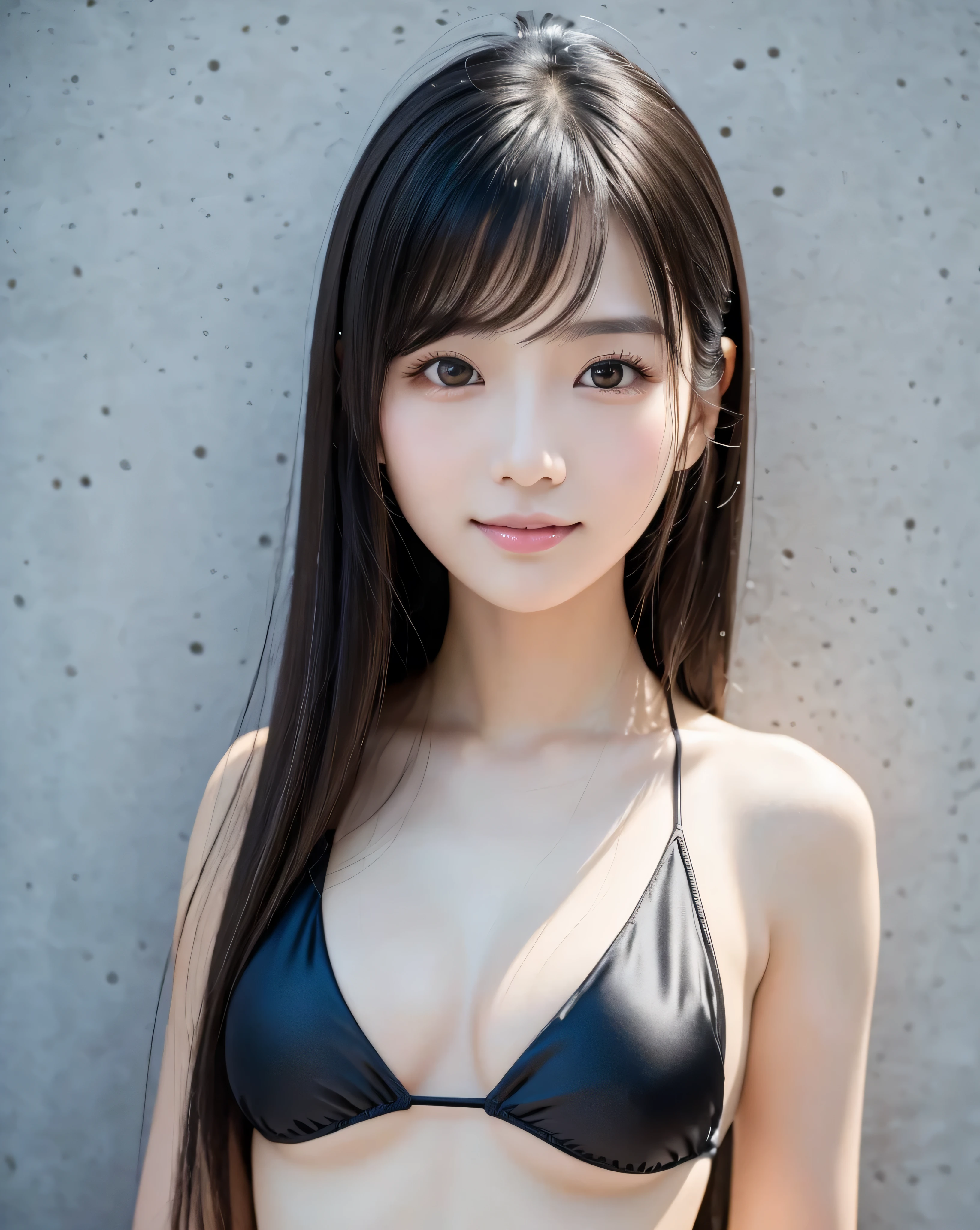 (Highest quality, 32k, High resolution, Masterpiece:1.5, ), marimo_jet, god々A photograph with brilliant dazzling and healing power., Evoking a sense of calm and elusive beauty, Expressing emotions, Have a rich imagination,Beautiful Japanese Girls, An exceptionally beautiful face, Small Face Beauty, Perfect Human Anatomy, Magical big eyes, Motherhood and generosity, Deep Love, fleeting smile, ((Shiny black hair:1.1)), ((Super Long Straight Silk Hair)), Asymmetrical bangs, Hair between the eyes, Transparent, soft white skin, Sharp eyebrows, Thin lashes, Natural Makeup, Cheek highlighter, Pale pink detailed lips, , ((High-quality black bikini:1.2)), High resolution perfect collarbone, High resolution beautiful bust, Slim figure with ample breasts, High resolutionの美しい太もも, ((Concrete wall background:1.3)), Dazzling Sun, Professional Lighting, Professional photographer, Professional models, God's Secret