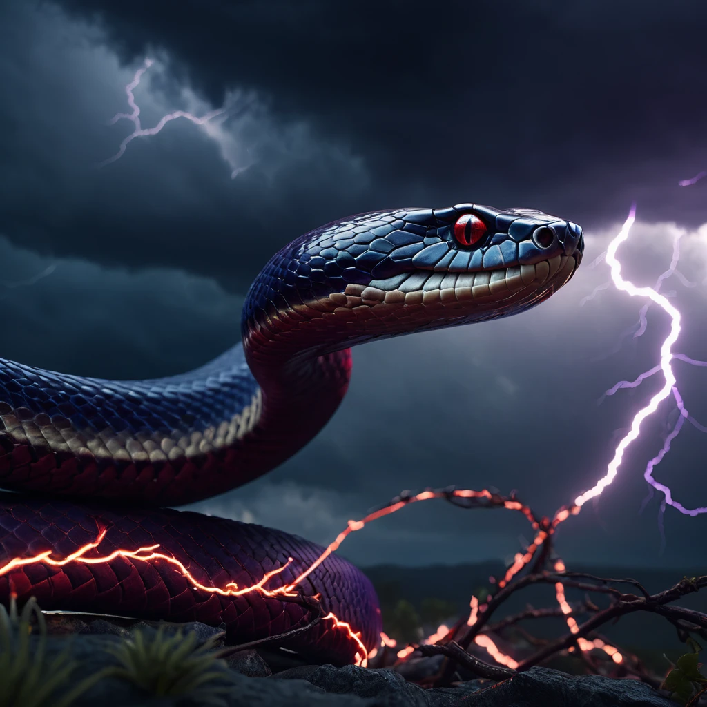 a large red snake, lightning storm, cinematic dramatic lighting, dark clouds, epic fantasy scene, hyper detailed, octane render, 8k, award winning, sharp focus, photorealistic, highly detailed scales, glowing eyes, fangs bared, coiled body, electric sparks, moody atmosphere, dramatic chiaroscuro lighting, volumetric lighting, god rays, stormy sky, dark moody colors, blue and purple hues