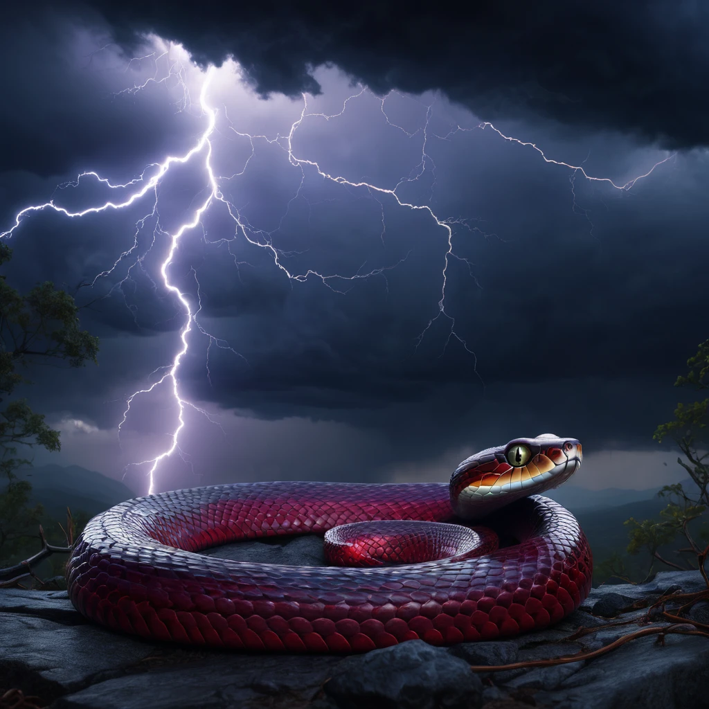 a large red snake, lightning storm, cinematic dramatic lighting, dark clouds, epic fantasy scene, hyper detailed, octane render, 8k, award winning, sharp focus, photorealistic, highly detailed scales, glowing eyes, fangs bared, coiled body, electric sparks, moody atmosphere, dramatic chiaroscuro lighting, volumetric lighting, god rays, stormy sky, dark moody colors, blue and purple hues