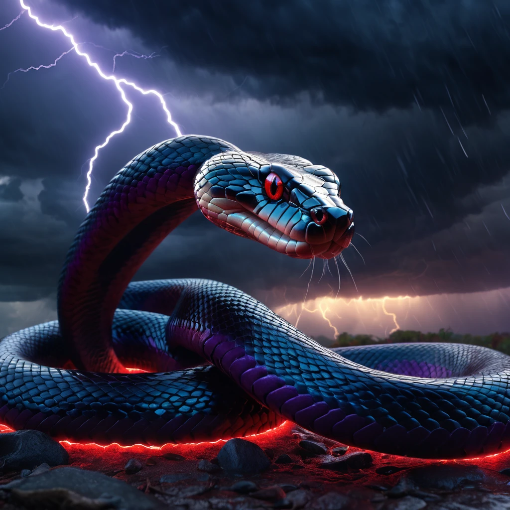 a large red snake, lightning storm, cinematic dramatic lighting, dark clouds, epic fantasy scene, hyper detailed, octane render, 8k, award winning, sharp focus, photorealistic, highly detailed scales, glowing eyes, fangs bared, coiled body, electric sparks, moody atmosphere, dramatic chiaroscuro lighting, volumetric lighting, god rays, stormy sky, dark moody colors, blue and purple hues