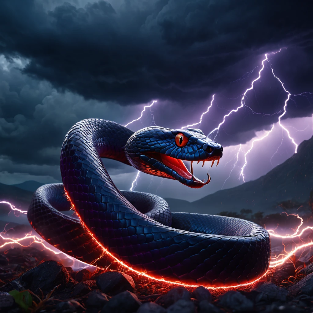 a large red snake, lightning storm, cinematic dramatic lighting, dark clouds, epic fantasy scene, hyper detailed, octane render, 8k, award winning, sharp focus, photorealistic, highly detailed scales, glowing eyes, fangs bared, coiled body, electric sparks, moody atmosphere, dramatic chiaroscuro lighting, volumetric lighting, god rays, stormy sky, dark moody colors, blue and purple hues