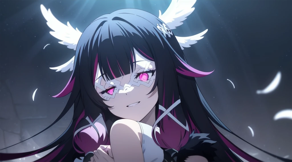 2D, HD, top-quality, ultra-detailed, Highly detailed, masterpiece, best quality, solo,1girl, long hair, black hair, red hair, solo, closed eyes, eye_mask, head wings, hair ornament, blunt bangs, light blue spotlight shining down, feathers, dark, falling feathers, evil, mysterious, black background, wind, smiling, top down view, wide bright neon pink eyes, looking at viewer, insane expression, crazy, glowing eyes, eyes as focus of image, multicoloured eyes, small breast, upper body,  over the shoulder pose
