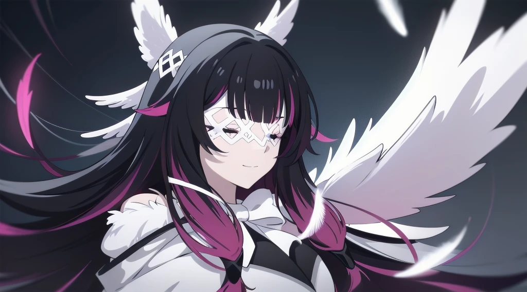 2D, HD, top-quality, ultra-detailed, Highly detailed, masterpiece, best quality, solo,1girl, long hair, black hair, red hair, solo, closed eyes, eye_mask, head wings, hair ornament, blunt bangs, light blue spotlight shining down, feathers, dark, falling feathers, evil, mysterious, black background, wind, smiling, top down view, wide bright neon pink eyes, looking at viewer, insane expression, crazy, glowing eyes, eyes as focus of image, multicoloured eyes, small breast, upper body, over the shoulder pose