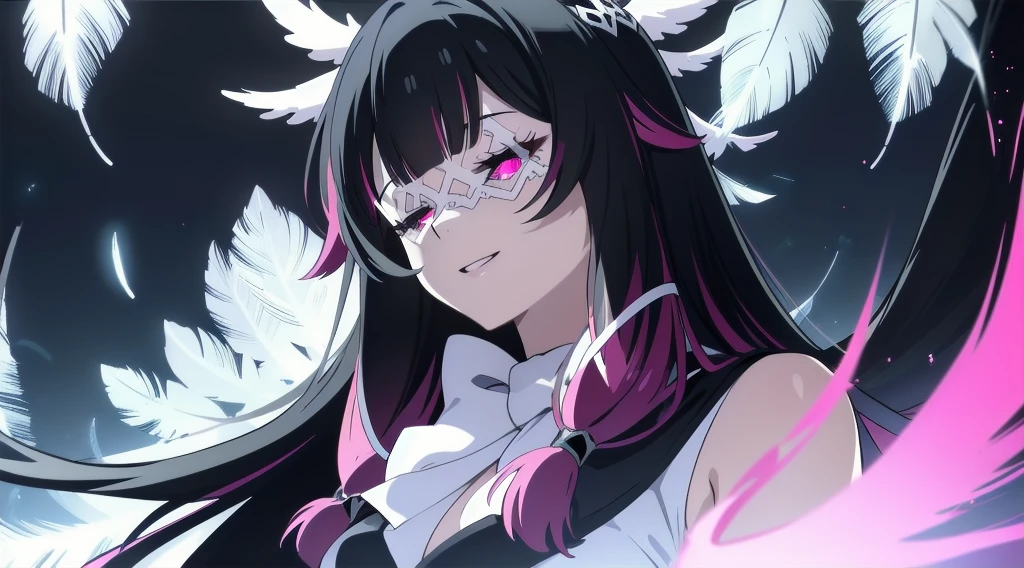 2D, HD, top-quality, ultra-detailed, Highly detailed, masterpiece, best quality, solo,1girl, long hair, black hair, red hair, solo, closed eyes, eye_mask, head wings, hair ornament, blunt bangs, light blue spotlight shining down, feathers, dark, falling feathers, evil, mysterious, black background, wind, smiling, top down view, wide bright neon pink eyes, looking at viewer, insane expression, crazy, glowing eyes, eyes as focus of image, multicoloured eyes, small breast, upper body,  over the shoulder pose