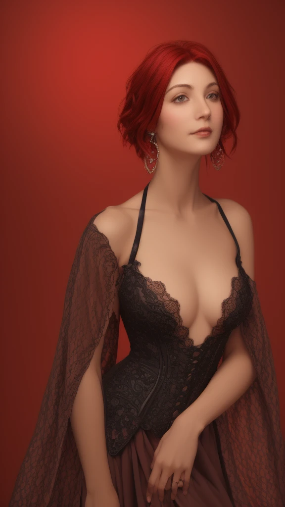 Zelda wearing a topless Victorian black lace corset:1.2, gothic, Looking at Viewer, Cinematic lighting, Perfect, softlight, High resolution skin:1.2, Realistic skin texture, 20 years old woman, (succubus:1.3)、a small face、, heart necklace, earrings, Blue eyes, (Short hair, bright red hair)、、Gray background、(style of Alphonse Mucha:1), art by Oda Non