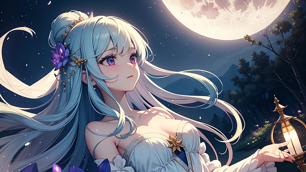 A princess with a delicate and beautiful face, large eyes, and translucent skin is looking up at the moon from a castle, enchantingly dressed in a traditional and glamorous medieval European dress and wearing a large hair ornament. A gentle, warm light surrounds the princess. The background is filled with soft out-of-focus light, and the pale blue and purple tones create a dreamy, serene, and enchanting atmosphere. Fireflies glowing in the moonlit night surround the princess, adding to the magical and ethereal atmosphere. Emphasis on the armpit and clavicle