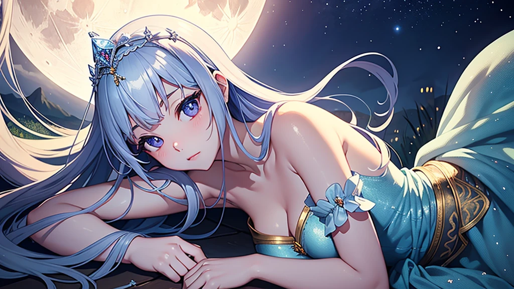 A princess with a delicate and beautiful face, large eyes, and translucent skin is looking up at the moon from a castle, enchantingly dressed in a traditional and glamorous medieval European dress and wearing a large hair ornament. A gentle, warm light surrounds the princess. The background is filled with soft out-of-focus light, and the pale blue and purple tones create a dreamy, serene, and enchanting atmosphere. Fireflies glowing in the moonlit night surround the princess, adding to the magical and ethereal atmosphere. Emphasis on the armpit and clavicle