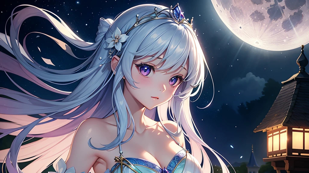 A princess with a delicate and beautiful face, large eyes, and translucent skin is looking up at the moon from a castle, enchantingly dressed in a traditional and glamorous medieval European dress and wearing a large hair ornament. A gentle, warm light surrounds the princess. The background is filled with soft out-of-focus light, and the pale blue and purple tones create a dreamy, serene, and enchanting atmosphere. Fireflies glowing in the moonlit night surround the princess, adding to the magical and ethereal atmosphere. Emphasis on the armpit and clavicle