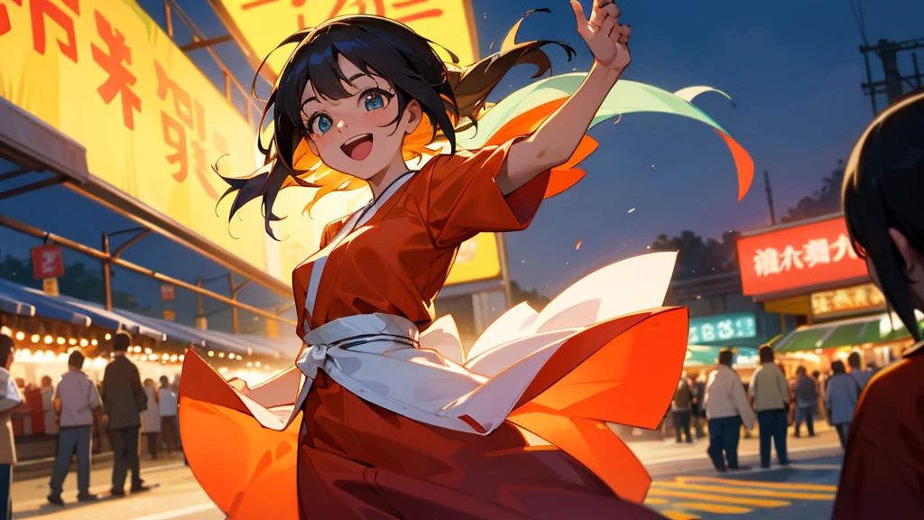 In the midst of a vibrant and bustling night market, Women appear excited and happy. Dress relaxed, Her face radiates pure joy and satisfaction., Her eyes sparkle with joy as she takes in the vibrant atmosphere around her.. Floating in the air々The aroma of fresh food enriches the sensory experience, Make her feel truly alive and at peace.