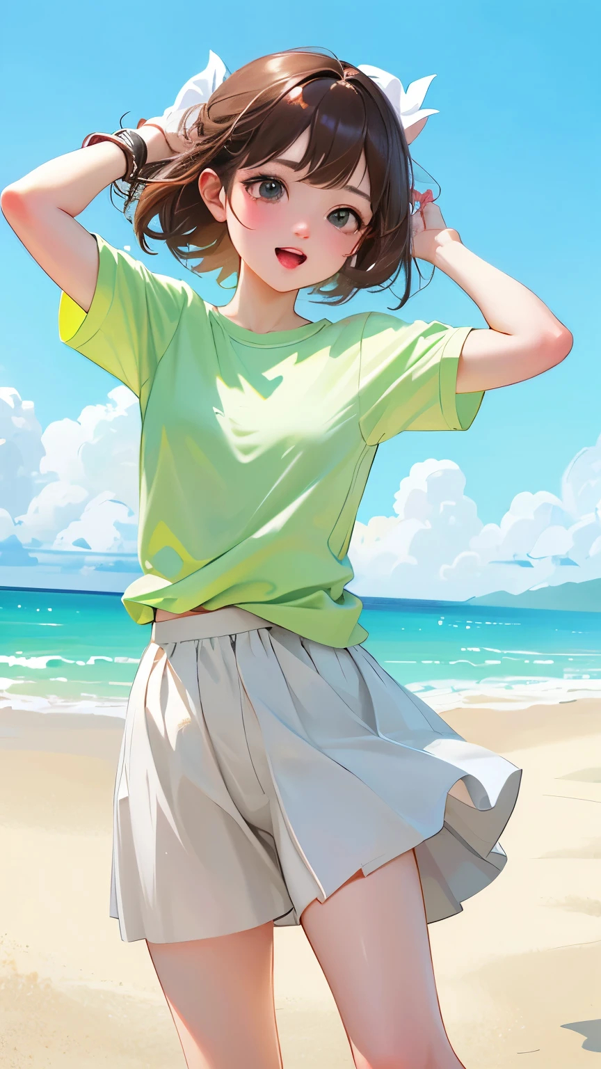 Highest quality、masterpiece、Ultra-high resolution、16ｋ、Very delicate、Cute girl drawn in pastel colors, Brown Hair、Gray eyes、Light green clothes、Summer clothes around her, Dancing in the Wind, High quality drawings.、Summer day、White background、kind、