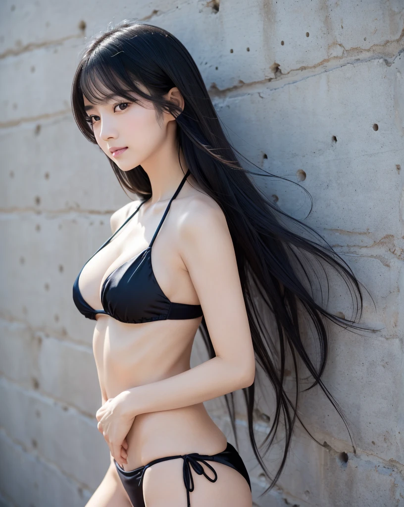 (Highest quality, 32k, High resolution, Masterpiece:1.5, ), marimo_jet, god々A photograph with brilliant dazzling and healing power., Evoking a sense of calm and elusive beauty, Expressing emotions, Have a rich imagination,Beautiful Japanese Girls, An exceptionally beautiful face, Small Face Beauty, Perfect Human Anatomy, ((Shooting from the side:1.7)), Magical big eyes, Motherhood and generosity, Deep Love, fleeting smile, ((Shiny black hair:1.1)), ((Super Long Straight Silk Hair)), Asymmetrical bangs, Hair between the eyes, Transparent, soft white skin, Sharp eyebrows, Thin lashes, Natural Makeup, Cheek highlighter, Pale pink detailed lips, , ((High-quality black bikini:1.2)), High resolutionの完璧な鎖骨, High resolutionの美しい胸元, Slim figure with ample breasts, High resolutionの美しい太もも, ((Concrete wall background:1.3)), Dazzling Sun, Professional Lighting, Professional photographer, Professional models, god秘的