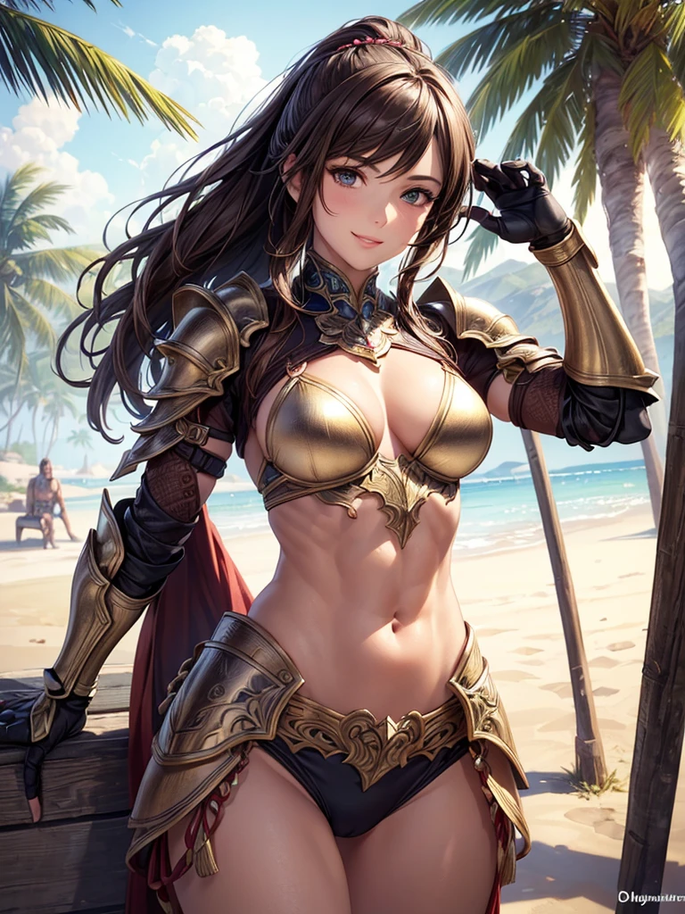 ,(best quality, ultra-detailed, realistic:1.37, masterpiece:1.2), woman, beautiful detailed eyes, beautiful detailed lips, brown hair tied up, smile, bikini armor, (muscular body:1.1),slim figure, caustics, textile shading, toned body, clean abs, palm trees swaying, Highly detailed colorful fancy armor and gauntlets,,desert
