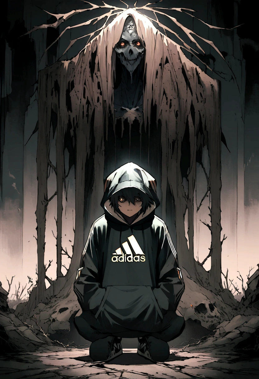 Create an ultra-wide photo of a decrepit zombie wearing an Adidas hoodie and hoodie, contra um fundo abstrato. O estilo geral da imagem deve ser minimalista com um toque Artgem. The zombie must be rendered in a decrepit state, Cadaverous style, focusing on creating a sense of horror and decay. A jaqueta e o capuz da Adidas devem ser renderizados com muitos detalhes, com foco em capturar a textura e o estilo da roupa. O fundo da imagem deve ter um desenho abstrato, focusing on creating a sense of depth and contrast with the foreground. A imagem deve ser renderizada em formato amplo, focusing on creating a sense of scale and drama in the scene.