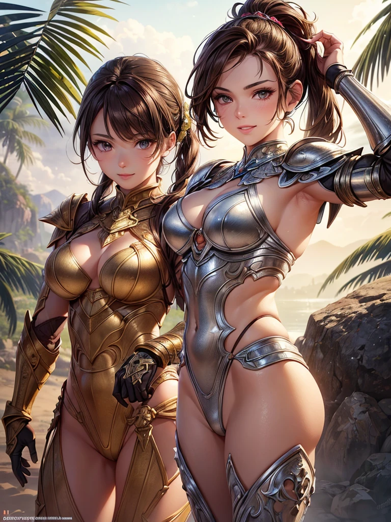 ,(best quality, ultra-detailed, realistic:1.37, masterpiece:1.2), woman, beautiful detailed eyes, beautiful detailed lips, brown hair tied up, smile, bikini armor, (muscular body:1.1),slim figure, caustics, textile shading, toned body, clean abs, palm trees swaying, Highly detailed colorful fancy armor and gauntlets,,desert