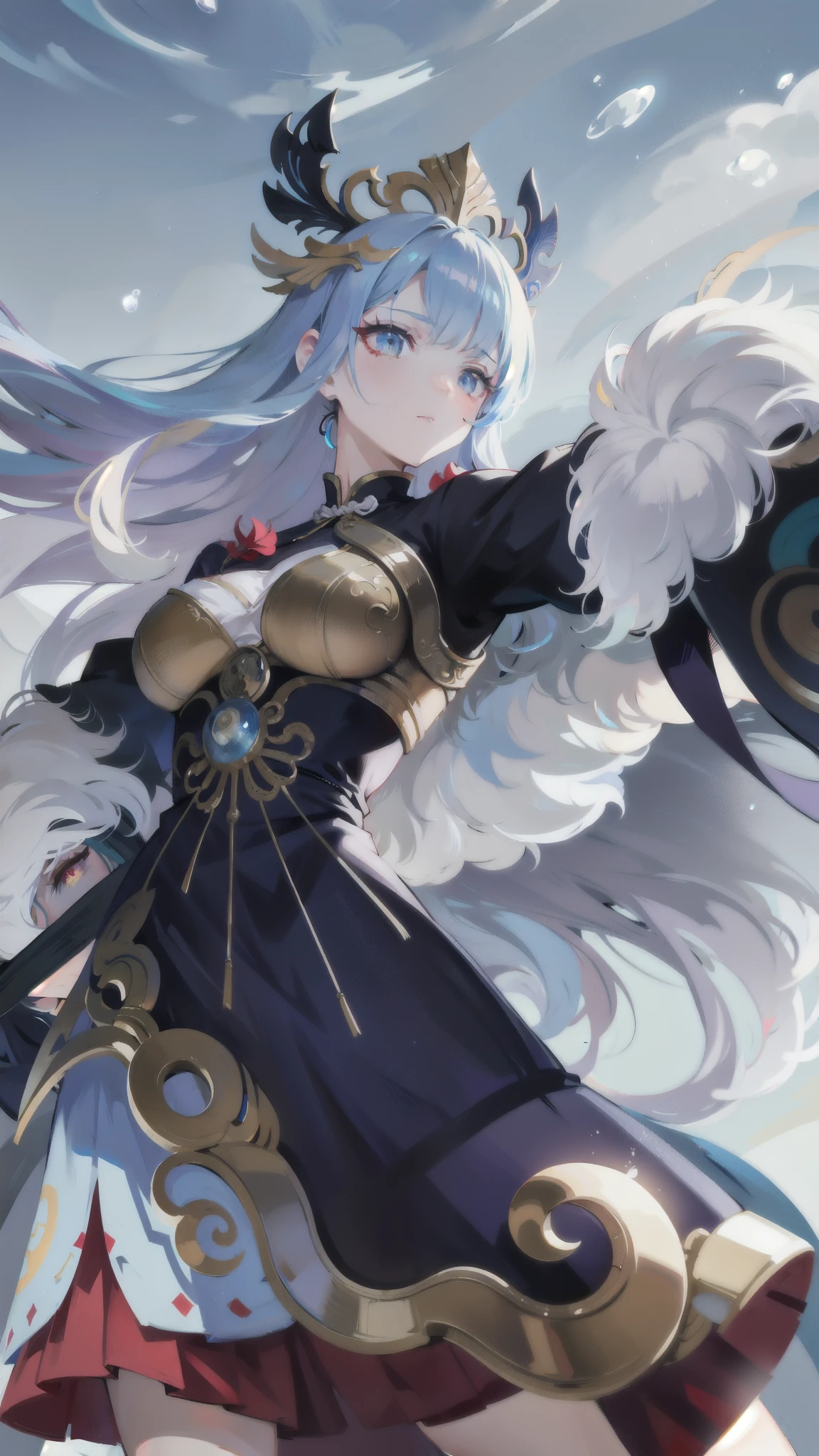 a beautiful anime girl in chinese style clothing, extremely detailed face and eyes, long flowing hair, holding a wooden staff, surrounded by air and water elements, vibrant colors, two-dimensional anime art style similar to jujutsu kaisen, (best quality,4k,8k,highres,masterpiece:1.2),ultra-detailed,intricate details,delicate features,vivid colors,dramatic lighting,cinematic composition