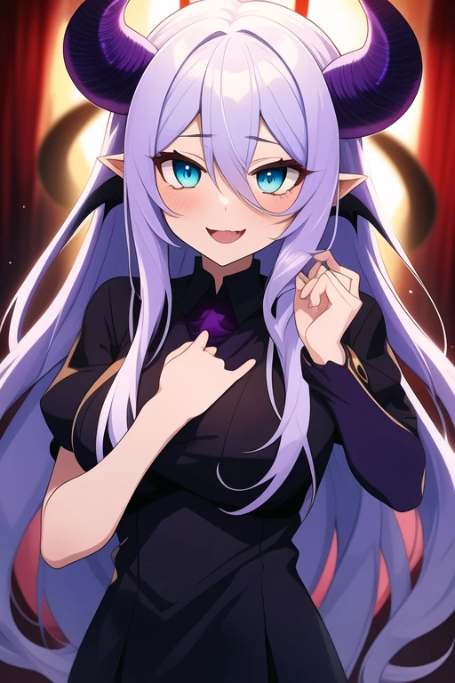 anime female demon with purple skin, long white hair, blue and amber eyes, and demon horns