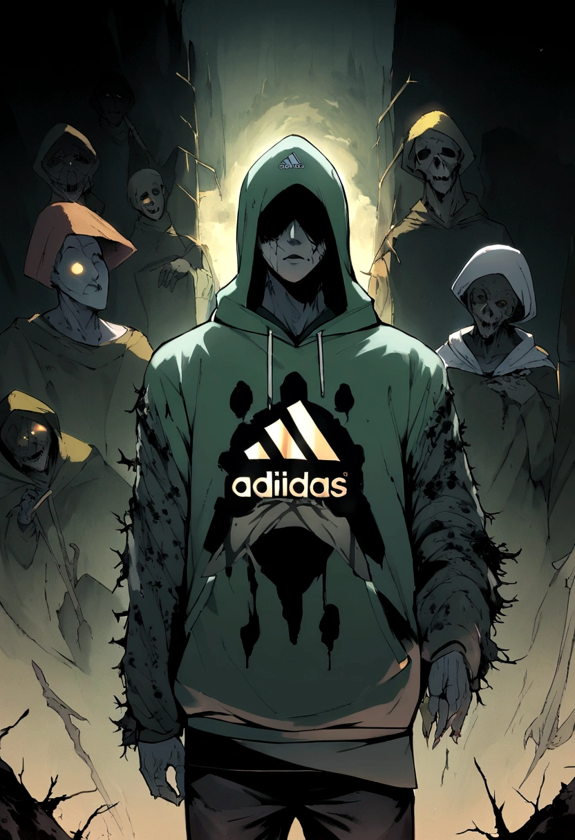 Create an ultra-wide photo of a decrepit zombie wearing an Adidas hoodie and hoodie, contra um fundo abstrato. O estilo geral da imagem deve ser minimalista com um toque Artgem. The zombie must be rendered in a decrepit state, Cadaverous style, focusing on creating a sense of horror and decay. A jaqueta e o capuz da Adidas devem ser renderizados com muitos detalhes, com foco em capturar a textura e o estilo da roupa. O fundo da imagem deve ter um desenho abstrato, focusing on creating a sense of depth and contrast with the foreground. A imagem deve ser renderizada em formato amplo, focusing on creating a sense of scale and drama in the scene.