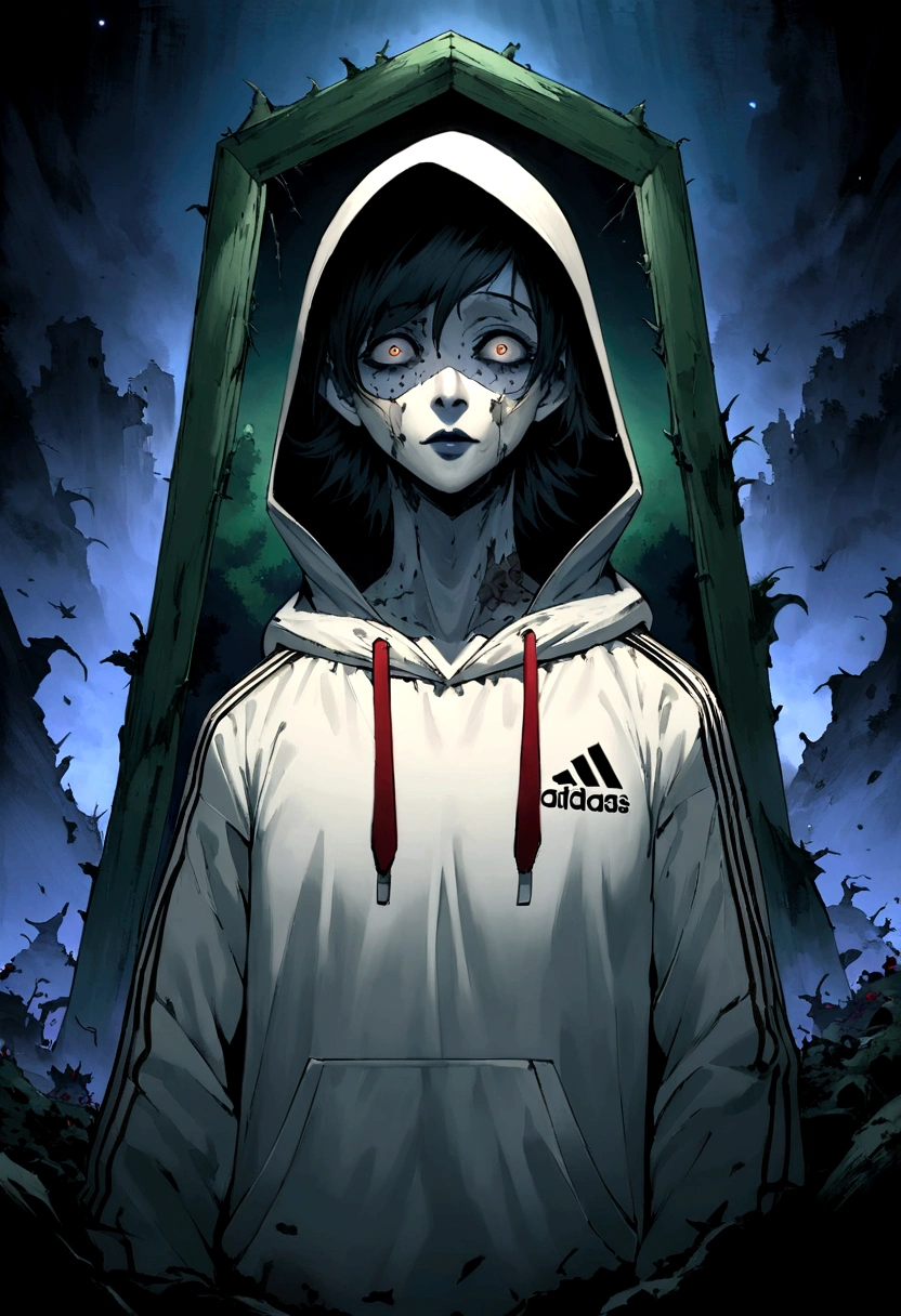 Create an ultra-wide photo of a decrepit zombie wearing an Adidas hoodie and hoodie, contra um fundo abstrato. O estilo geral da imagem deve ser minimalista com um toque Artgem. The zombie must be rendered in a decrepit state, Cadaverous style, focusing on creating a sense of horror and decay. A jaqueta e o capuz da Adidas devem ser renderizados com muitos detalhes, com foco em capturar a textura e o estilo da roupa. O fundo da imagem deve ter um desenho abstrato, focusing on creating a sense of depth and contrast with the foreground. A imagem deve ser renderizada em formato amplo, focusing on creating a sense of scale and drama in the scene.