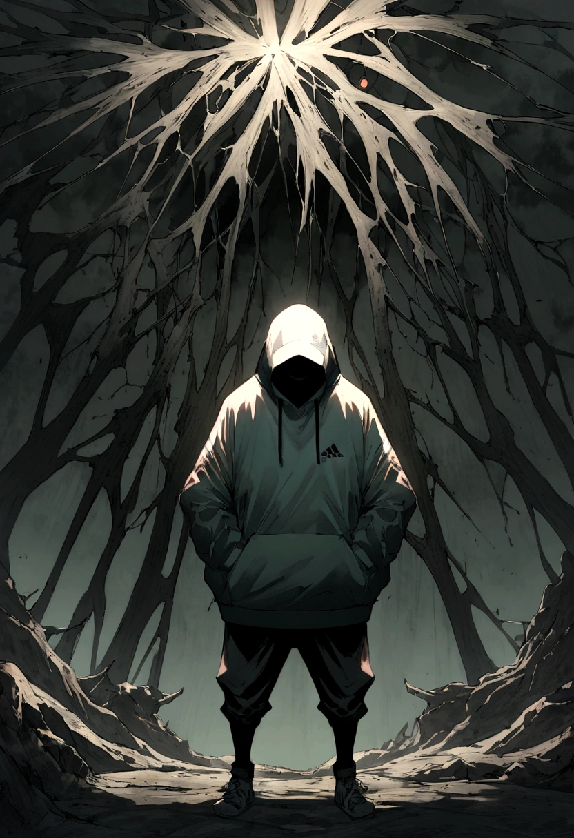 Create an ultra-wide photo of a decrepit zombie wearing an Adidas hoodie and hoodie, contra um fundo abstrato. O estilo geral da imagem deve ser minimalista com um toque Artgem. The zombie must be rendered in a decrepit state, Cadaverous style, focusing on creating a sense of horror and decay. A jaqueta e o capuz da Adidas devem ser renderizados com muitos detalhes, com foco em capturar a textura e o estilo da roupa. O fundo da imagem deve ter um desenho abstrato, focusing on creating a sense of depth and contrast with the foreground. A imagem deve ser renderizada em formato amplo, focusing on creating a sense of scale and drama in the scene.