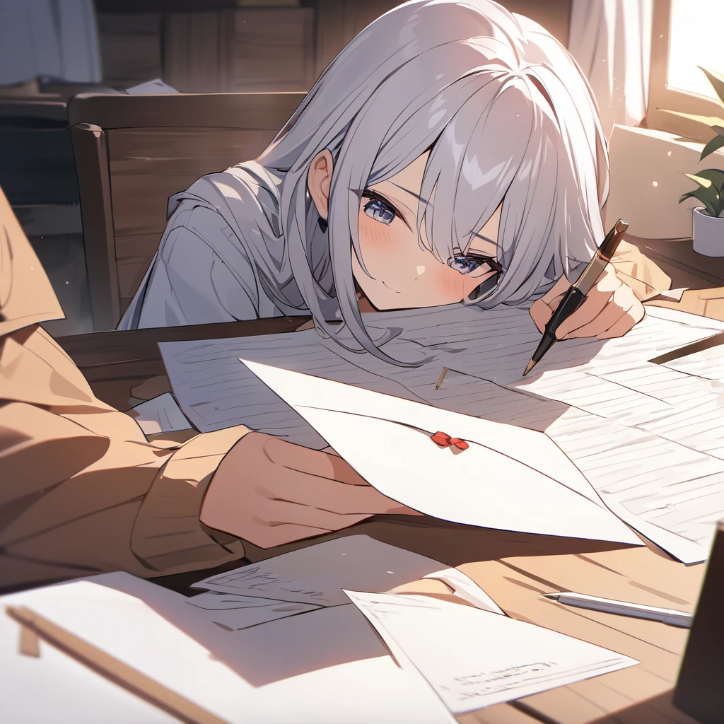 A philosopher writing a message in a letter, sentando em uma mesa no fundo de seu quarto, imagem 4K, 8K, imagem detalhada HD