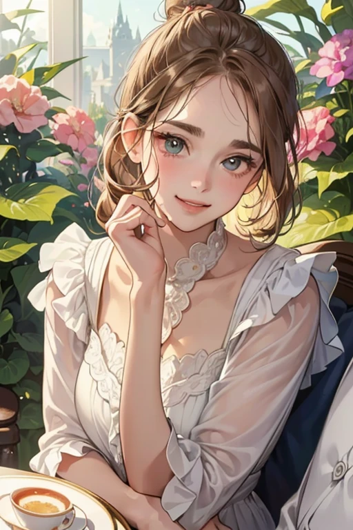 (table top, digital illustration, 4k, 8k, Super detailed, beautiful images, clear image, perfect face, perfect lines, perfect eyes, soft lighting) 1 female, (light brown hair,bun hair,innocent look,droopy eyebrows,droopy eyes、With a round face,round chin、innocence,cute,Big eyes,natural makeup,smile gently,E cup,23 years old:1.3),Two handsome men in suits, (human,man in suit,muscular,solid shoulder width, boyish hairstyle,A man in his 30s with a cool expression,28 year old man with a bright smile:1.2),garden full of light、lots of flowers、Squirting、colorful flower light,(embarrassing,shy smile:1.2),resort sofa,kiss、Couple kiss、romance porn、couple of man and woman looking at each other、In battle、Afternoon tea、lunch