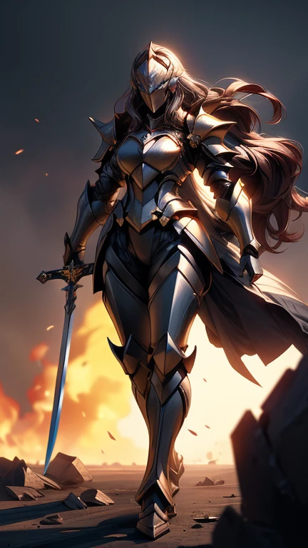 ((Masterpiece)), strong female knight, long hair, with big sword, detailed full heavy armor, good body proportion, dynamic pose, debris and fire everywhere, HD