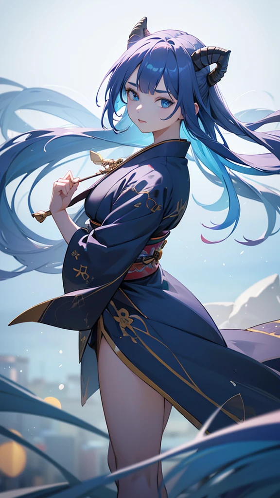 1girl, detailed blue dragon horns, detailed blue round eyes, piercing blue eyes, traditional japanese clothing, full body, feeling the wind, powerful yet beautiful, blue sky background, best quality,4k,8k,highres,masterpiece:1.2,ultra-detailed,(realistic,photorealistic,photo-realistic:1.37),HDR,UHD,studio lighting,ultra-fine painting,sharp focus,physically-based rendering,extreme detail description,professional,vivid colors,bokeh,anime