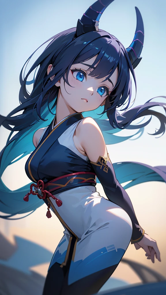1girl, detailed blue dragon horns, detailed blue round eyes, piercing blue eyes, traditional japanese clothing, full body, feeling the wind, powerful yet beautiful, blue sky background, best quality,4k,8k,highres,masterpiece:1.2,ultra-detailed,(realistic,photorealistic,photo-realistic:1.37),HDR,UHD,studio lighting,ultra-fine painting,sharp focus,physically-based rendering,extreme detail description,professional,vivid colors,bokeh,anime